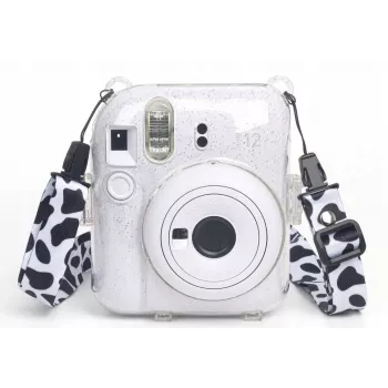 LOVEINSTANT Custodia per Fujifilm Instax Mini 12 - Macchia di vacca glitter con adesivi e borsa per foto