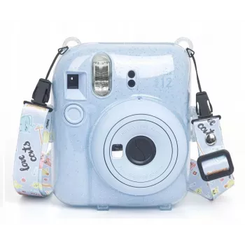 LOVEINSTANT Custodia protettiva per Fujifilm Instax Mini 12 - Escape From Earth, blu glitter con adesivi e borsa per foto