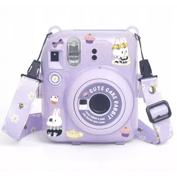 LOVEINSTANT Custodia protettiva per Fujifilm Instax Mini 12 - Design Sweet Rabbit, viola glitter, con adesivi e borsa per foto