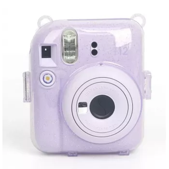 LOVEINSTANT Custodia protettiva per Fujifilm Instax Mini 12 - Design Sweet Rabbit, viola glitter, con adesivi e borsa per foto