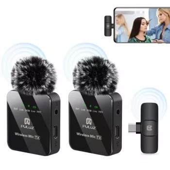 PULUZ PU648B 2x Microfono lavalier wireless per smartphone USB-C, tablet, laptop - 2,4 GHz, omnidirezionale, Plug and Play