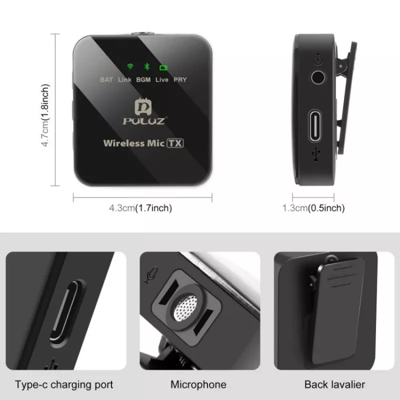 PULUZ PU648B 2x Microfono lavalier wireless per smartphone USB-C, tablet, laptop - 2,4 GHz, omnidirezionale, Plug and Play