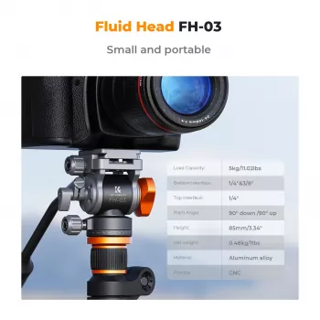 K&F Concept FH-03 testa video fluida, portata 5kg, Arca-Swiss, 1/4 inch-20 e 3/8 inch-16, nero