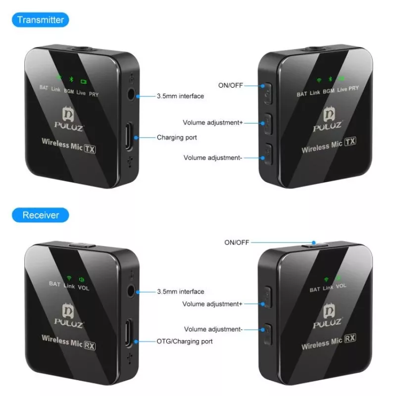 PULUZ PU3153B microfono wireless Bluetooth 3,5mm TRS/TRRS per telefono e fotocamera