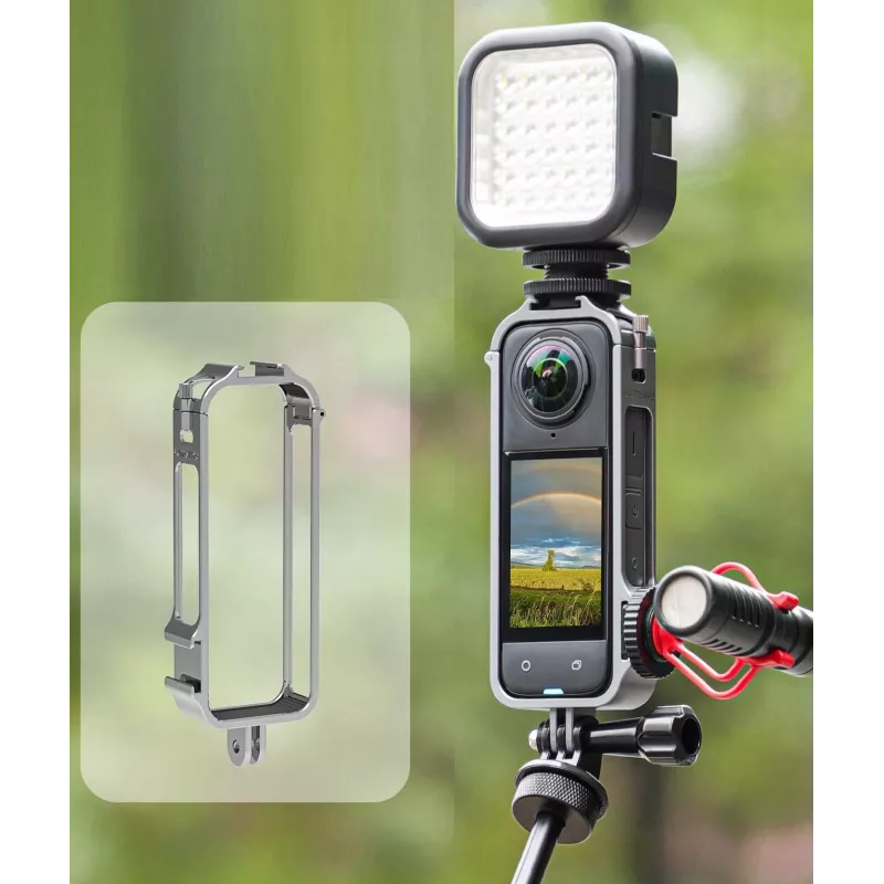 SUNNYLIFE Supporto a telaio con 2 attacchi cold shoe e copriobiettivo in silicone per Insta360 X4 (nero)
