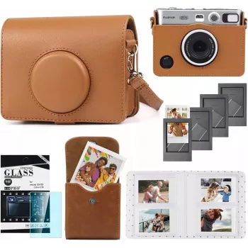 LOVEINSTANT Kit 5-in-1: custodia protettiva + vetro temperato + album foto 64 tasche + pochette portafoto + cornici per Fuji Instax Mini Evo / marrone