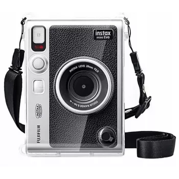 LOVEINSTANT Kit 6-in-1: guscio rigido trasparente + protezione in vetro temperato + album foto 64 tasche + copriobiettivo + cornici + tracolla per Fujifilm Instax Mini Evo