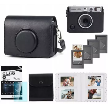 LOVEINSTANT Kit 5-in-1: custodia + vetro temperato + album 64 tasche + pochette portafoto + cornici per Fuji Instax Mini Evo / nero