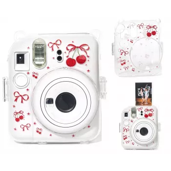 LOVEINSTANT Custodia rigida protettiva per Fujifilm Instax Mini 12 - motivo rosso ciliegia con tracolla
