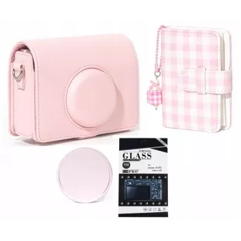 LOVEINSTANT Kit 4 in 1 custodia album foto pellicola protettiva LCD tappo obiettivo per Fujifilm Instax Mini Evo - rosa