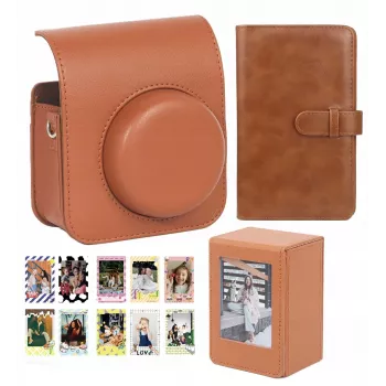 LOVEINSTANT Kit 4-in-1: borsa fotocamera, album foto, scatola portaoggetti, adesivi per Fuji Instax Mini 41 - Marrone