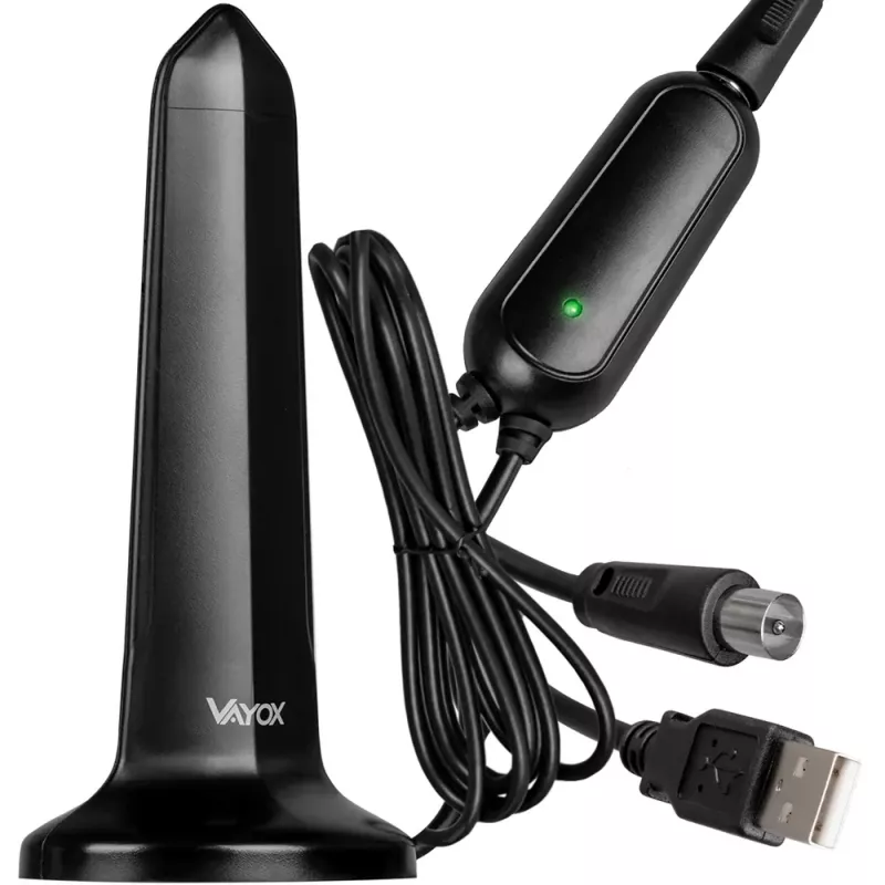 VAYOX VA0127 antenna DVB-T/T2 da interno, nero, 28 dBi, cavo coassiale 3m, alimentazione USB