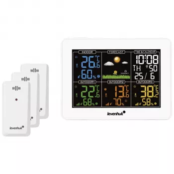 Levenhuk Wezzer PLUS LP60 Stazione meteo con display LCD a colori, sensore esterno wireless, monitoraggio temperatura e umidità, previsioni meteo, sveglia