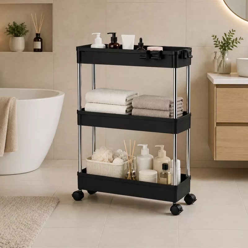 LEAN Carrello portavivande mobile multifunzionale con 3 ripiani su ruote, nero