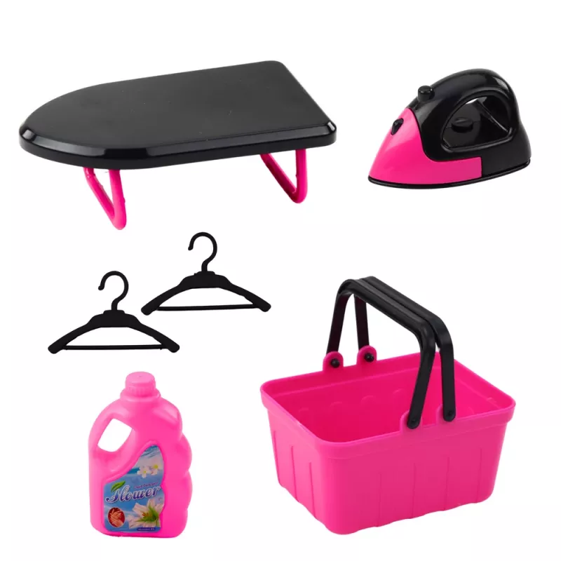 LEAN TOYS Set elettrodomestici lavatrice interattiva con suoni e accessori, nero e rosa