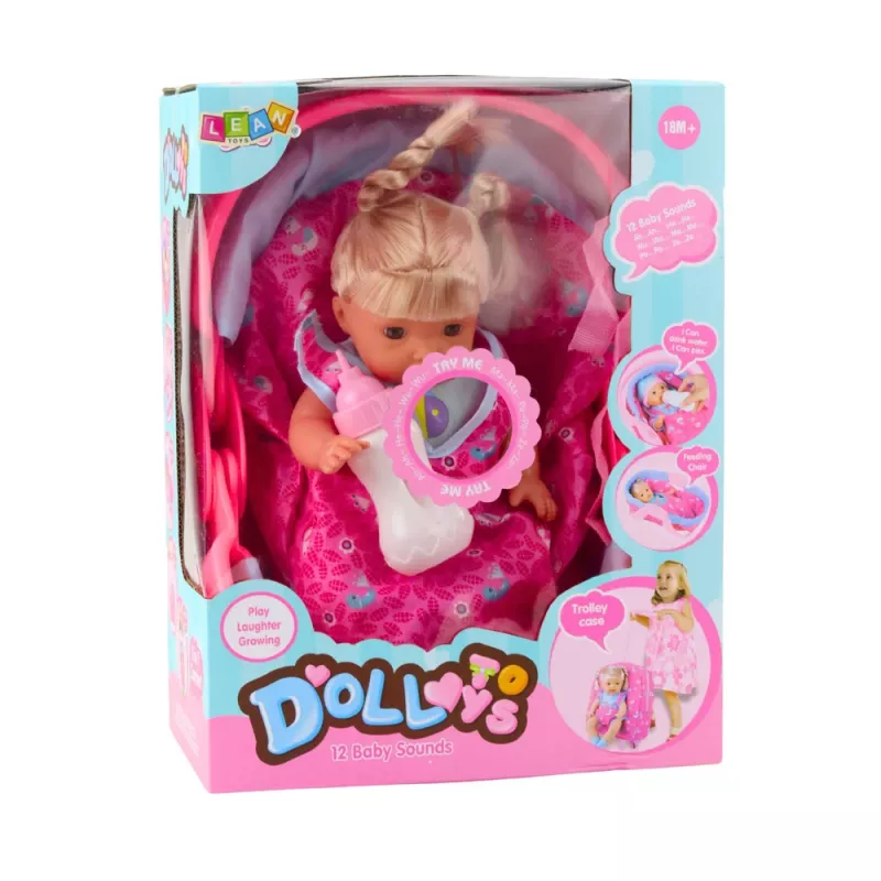 LEAN TOYS Bambola neonata in marsupio con biberon, ciuccio, parla, balbetta, fa pipì