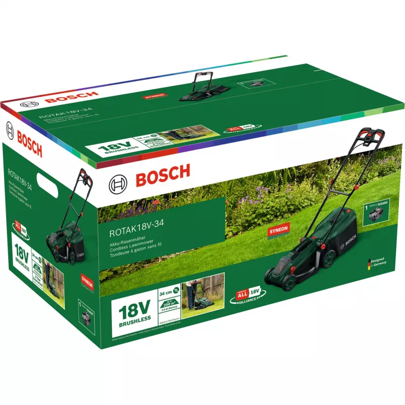 Bosch Rotak 18V-34 rasaerba a batteria con starter set e tappo pacciamatura (C)