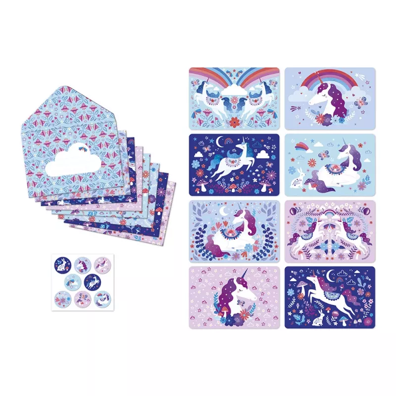 Janod Dreamland Unicorn Set Cancelleria 40 Pezzi - Inviti, Biglietti di Ringraziamento, Buste, Adesivi, Penna
