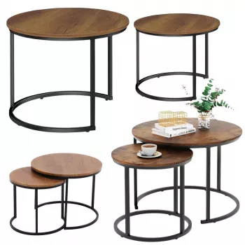 LEAN Set di 2 tavolini da caffè rotondi 2 in 1 vintage in legno naturale 70x50cm 45x44cm