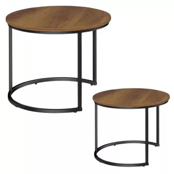 LEAN Set di 2 tavolini da caffè rotondi 2 in 1 vintage in legno naturale 70x50cm 45x44cm