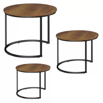 LEAN Set di 3 tavolini da caffè rotondi 3-in-1, vintage, legno naturale, 51 cm, 40 cm, 30 cm