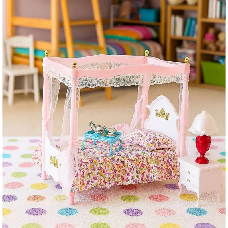 LEAN TOYS Set mobili per bambole: letto a baldacchino, comodini, lampade