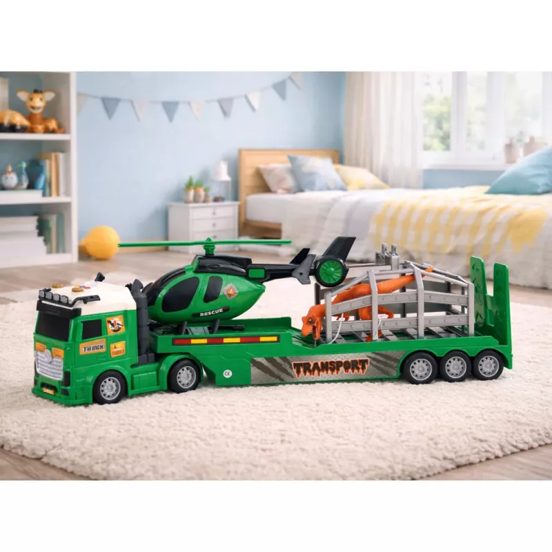 LEAN TOYS Set Trasporto Dinosauri: Camion, Carro Attrezzi, Elicottero, Luci, Suono