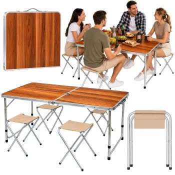 LEAN Set mobili da campeggio - tavolo pieghevole e 4 sgabelli in valigia di legno