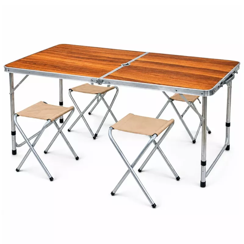 LEAN Set mobili da campeggio - tavolo pieghevole e 4 sgabelli in valigia di legno