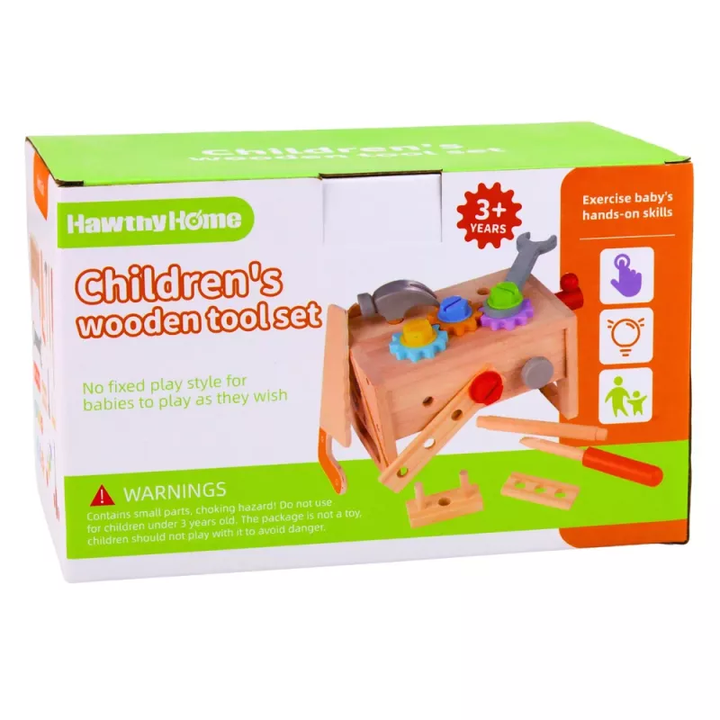 LEAN TOYS Set cassetta degli attrezzi in legno per bambini con ingranaggi e dadi - 25 pezzi, legno FSC, dai 3 anni