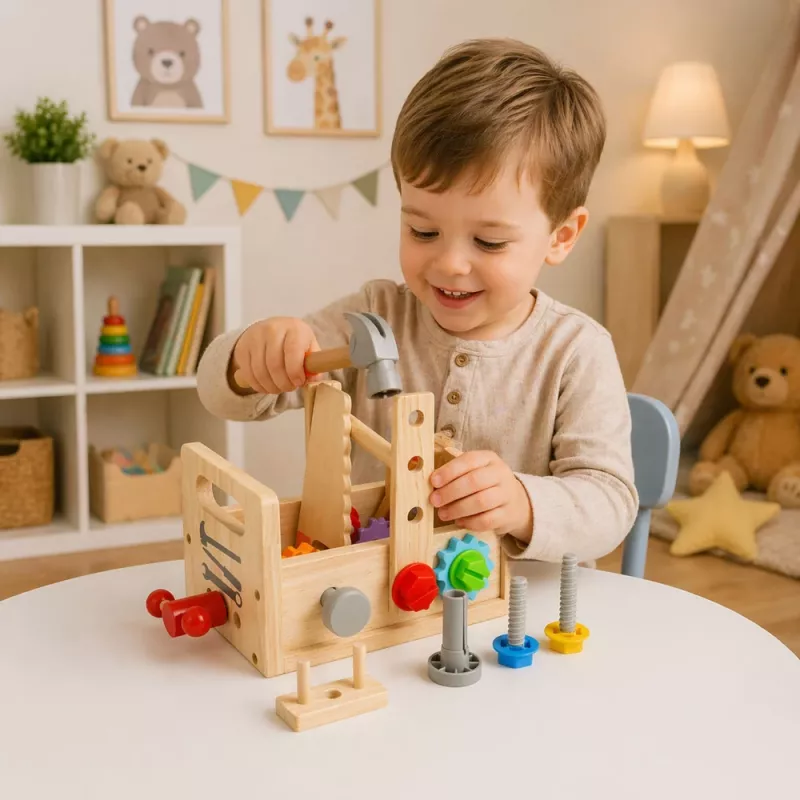 LEAN TOYS Set cassetta degli attrezzi in legno per bambini con ingranaggi e dadi - 25 pezzi, legno FSC, dai 3 anni