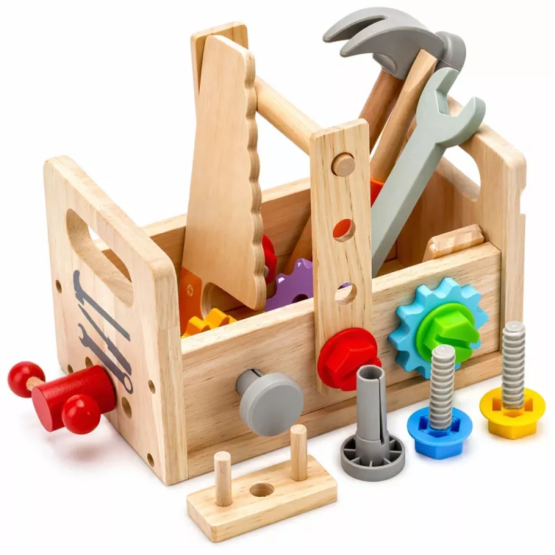 LEAN TOYS Set cassetta degli attrezzi in legno per bambini con ingranaggi e dadi - 25 pezzi, legno FSC, dai 3 anni