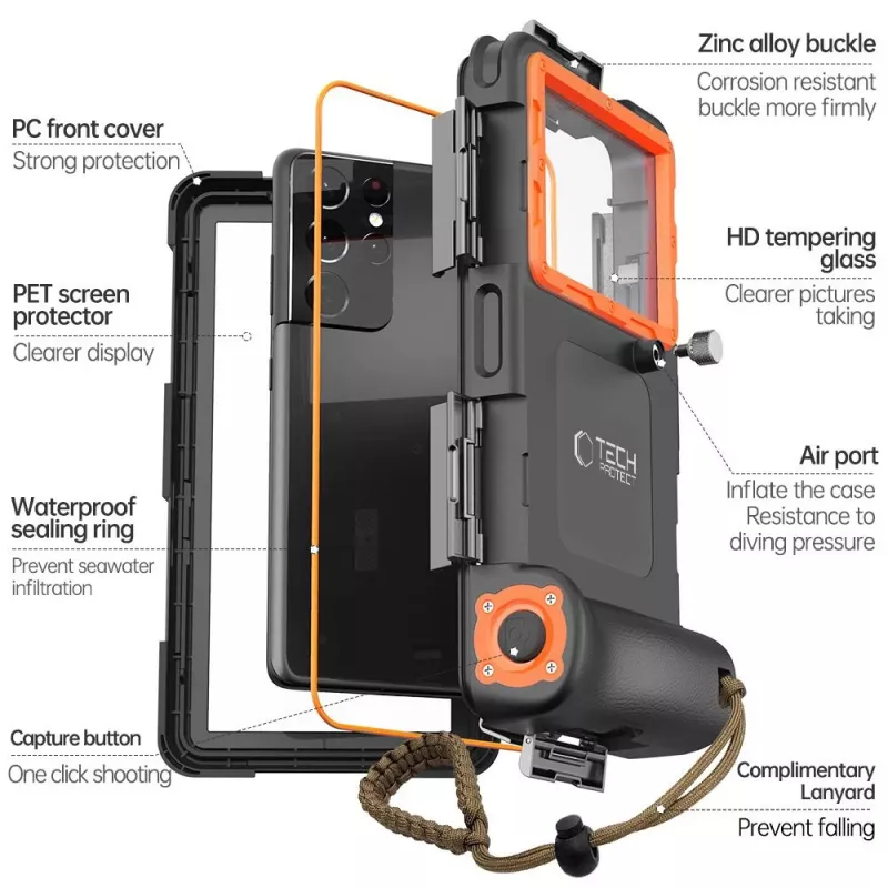 TECH-PROTECT IPX8 Custodia Impermeabile Universale da Immersione Nero/Arancione