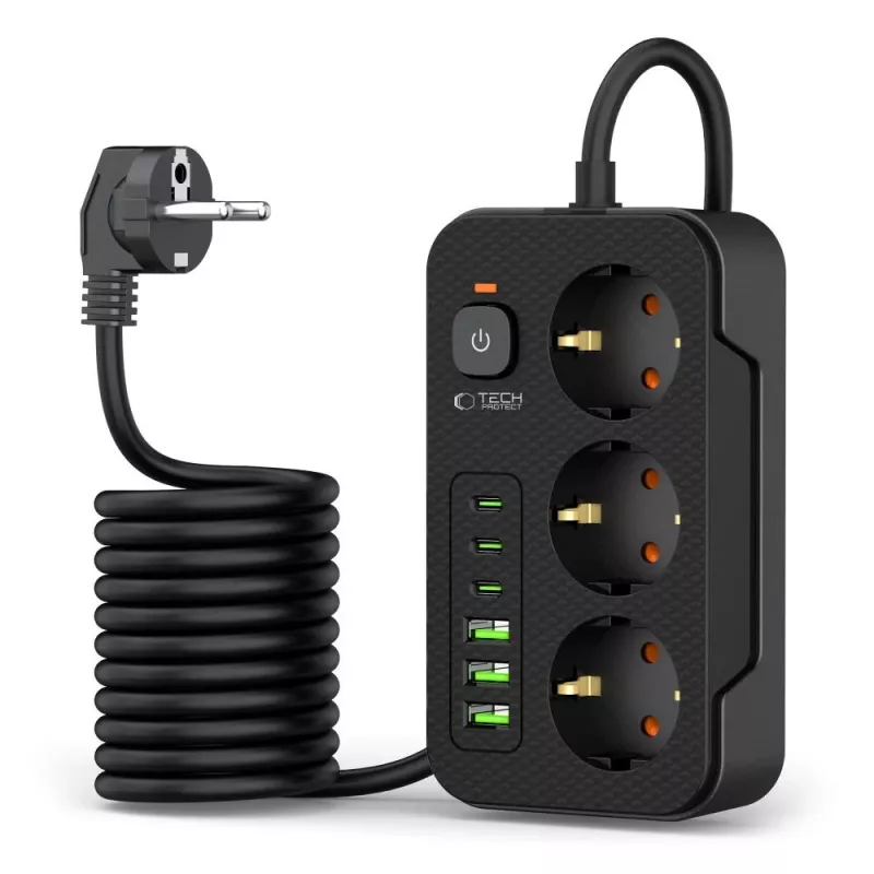 TECH-PROTECT PC3X6 Ciabatta Elettrica 3 USB & 3 Type-C & 3 Prese 200cm Nero