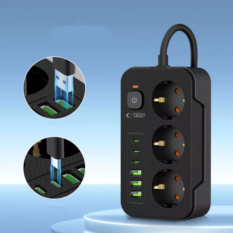 TECH-PROTECT PC3X6 Ciabatta Elettrica 3 USB & 3 Type-C & 3 Prese 200cm Nero