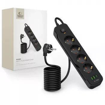 TECH-PROTECT PCL4X3 Ciabatta Elettrica Lunga 2 USB & 1 Type-C & 4 Prese 200cm Nero