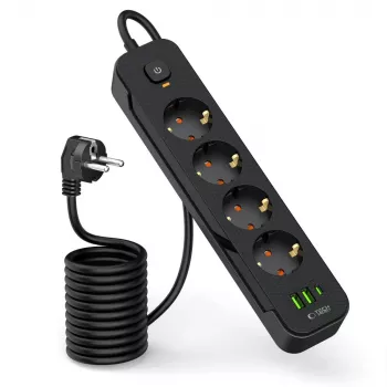 TECH-PROTECT PCL4X3 Ciabatta Elettrica Lunga 2 USB & 1 Type-C & 4 Prese 200cm Nero