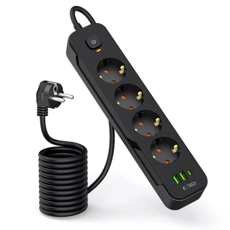 TECH-PROTECT PCL4X3 Ciabatta Elettrica Lunga 2 USB & 1 Type-C & 4 Prese 200cm Nero