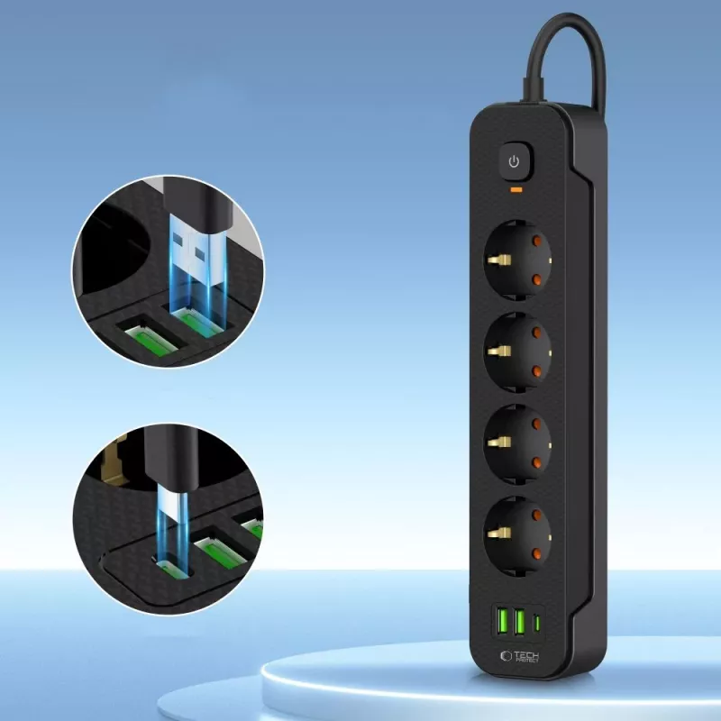 TECH-PROTECT PCL4X3 Ciabatta Elettrica Lunga 2 USB & 1 Type-C & 4 Prese 200cm Nero