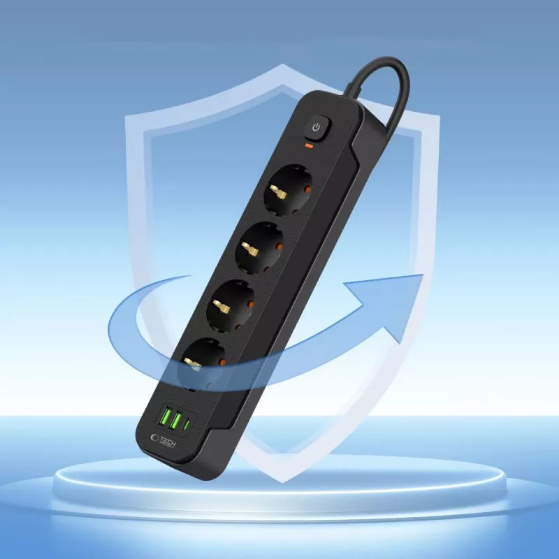 TECH-PROTECT PCL4X3 Ciabatta Elettrica Lunga 2 USB & 1 Type-C & 4 Prese 200cm Nero