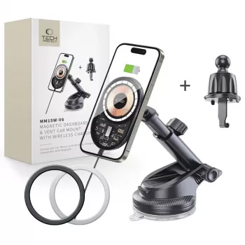 TECH-PROTECT MM15W-V6 Supporto Magnetico MagSafe per Auto da Cruscotto e Bocchetta con Ricarica Wireless 15W Nero/Interno