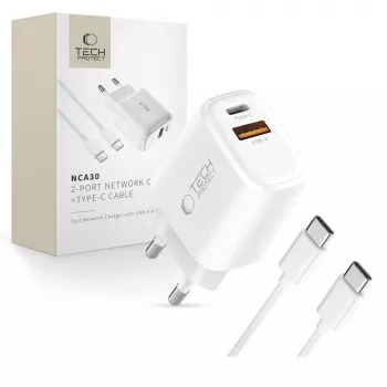 TECH-PROTECT NCA30 Caricabatterie da Rete 2 Porte PD 30W / QC3.0 + Cavo USB-C Bianco