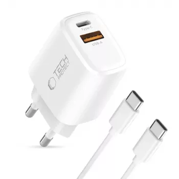 TECH-PROTECT NCA30 Caricabatterie da Rete 2 Porte PD 30W / QC3.0 + Cavo USB-C Bianco