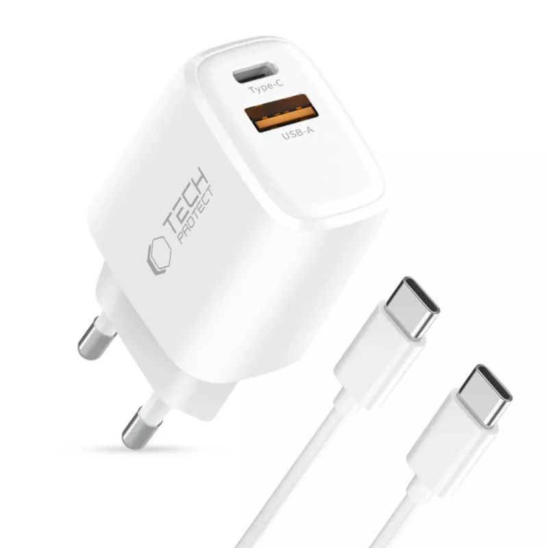 TECH-PROTECT NCA30 Caricabatterie da Rete 2 Porte PD 30W / QC3.0 + Cavo USB-C Bianco