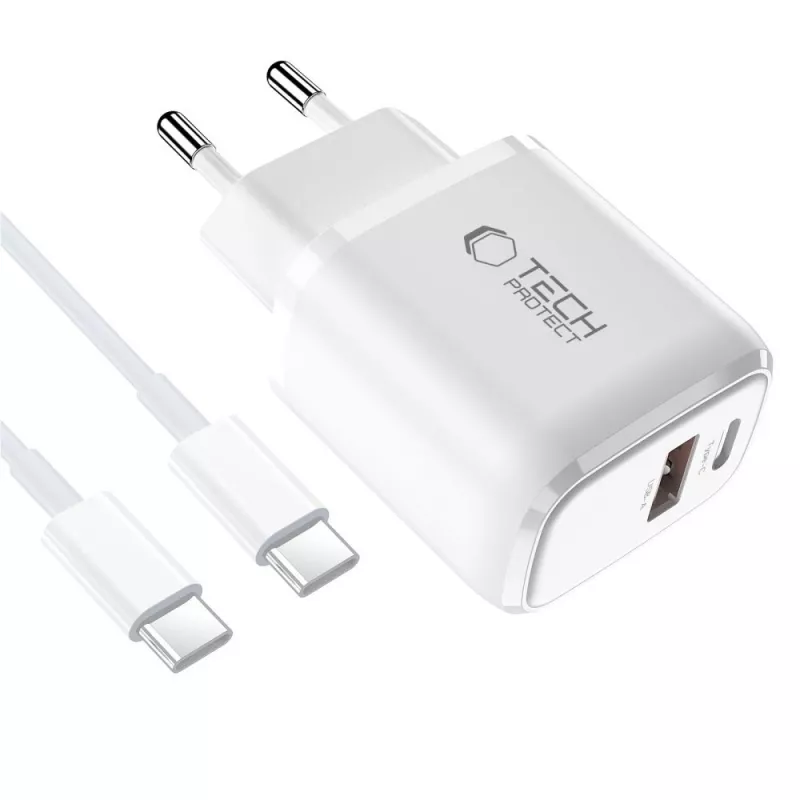 TECH-PROTECT NCA30 Caricabatterie da Rete 2 Porte PD 30W / QC3.0 + Cavo USB-C Bianco