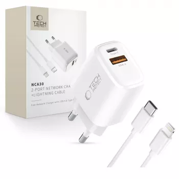 TECH-PROTECT NCA30 Caricabatterie da Rete 2 Porte PD 30W / QC3.0 + Cavo Lightning Bianco