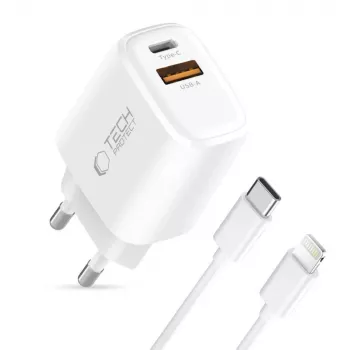 TECH-PROTECT NCA30 Caricabatterie da Rete 2 Porte PD 30W / QC3.0 + Cavo Lightning Bianco