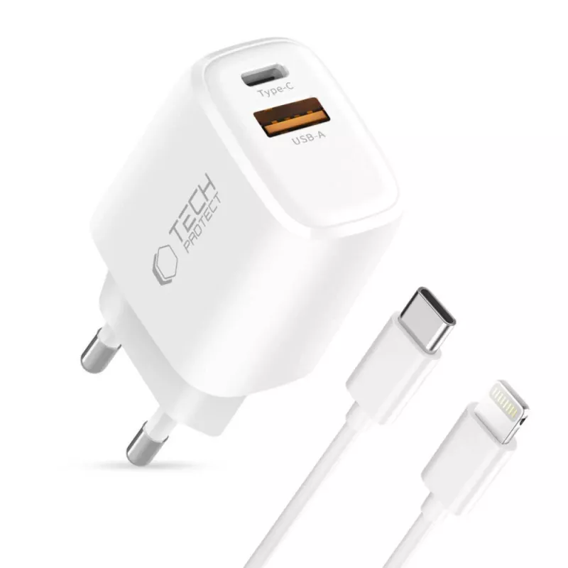TECH-PROTECT NCA30 Caricabatterie da Rete 2 Porte PD 30W / QC3.0 + Cavo Lightning Bianco