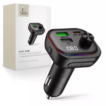 Tech-Protect CC07 Caricabatterie da Auto 3 Porte PD 54W + Trasmettitore FM Bluetooth Nero