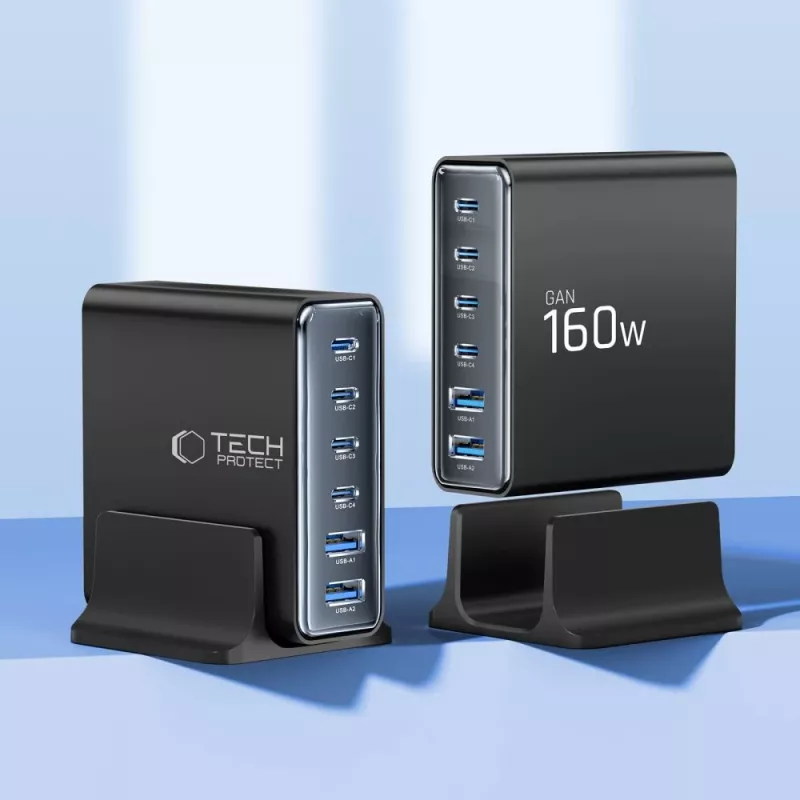TECH-PROTECT DC160W-GAN Caricabatterie desktop 6 porte PD 160W / QC3.0 nero